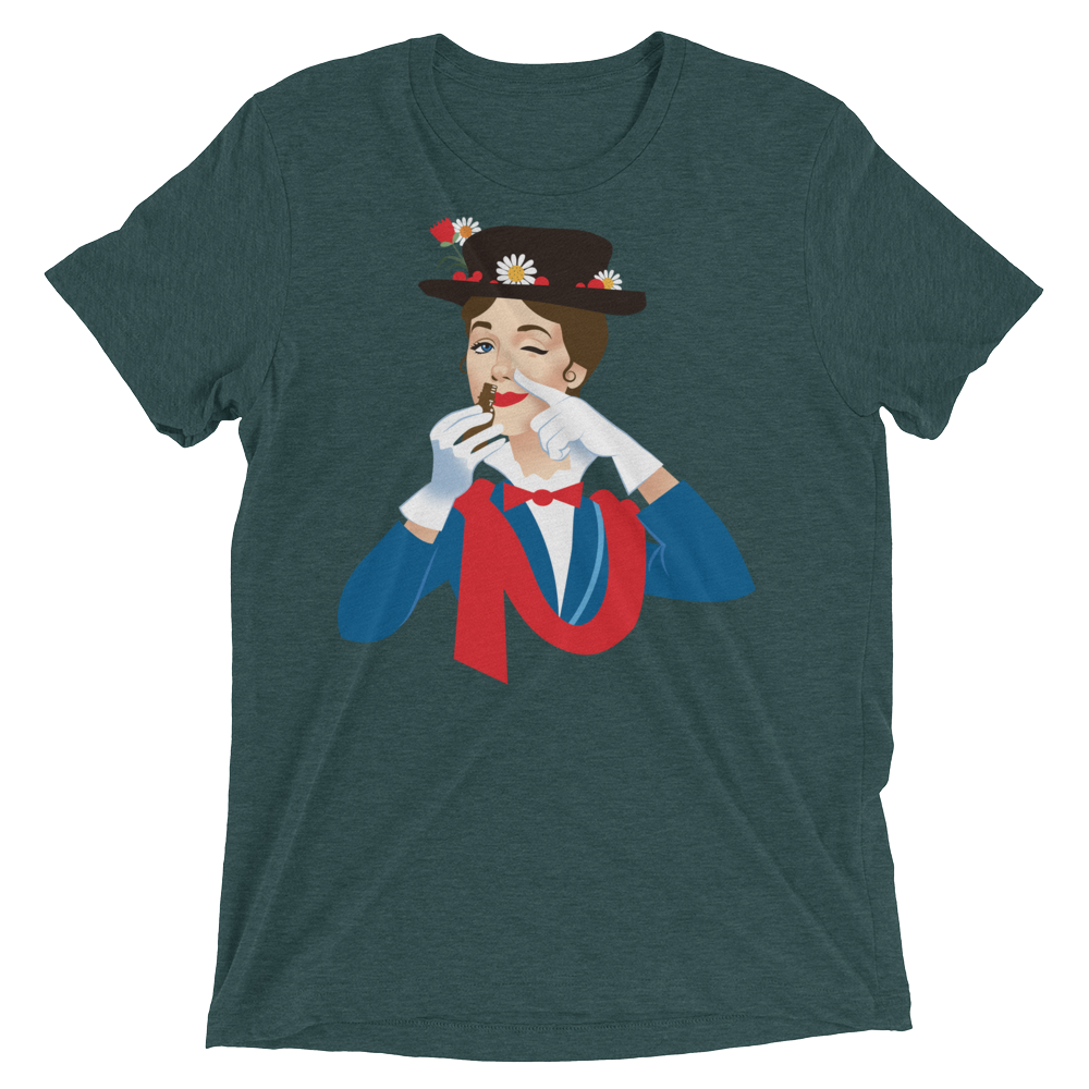 Dark green heathered cotton t-shirt featuring a colorful graphic of a woman in a top hat with daisies titled mary poppers