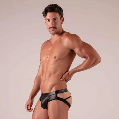 Master straps jock brief black patent leather briefs with cutout design shown from the back side