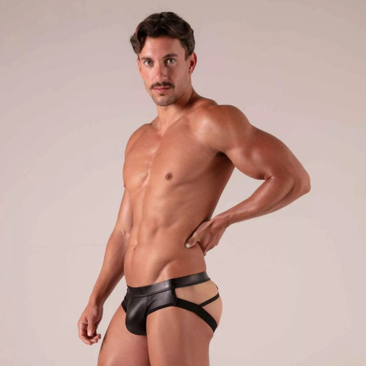 Master straps jock brief black patent leather briefs with cutout design shown from the back side
