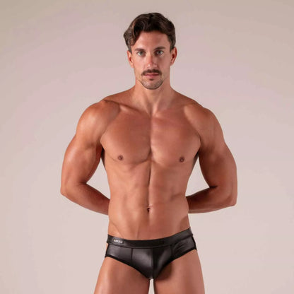 Black leather master straps jock brief with sleek form-fitting design and abscu embroidered waistband