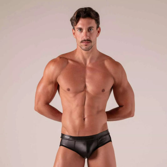 Black leather master straps jock brief with sleek form-fitting design and abscu embroidered waistband