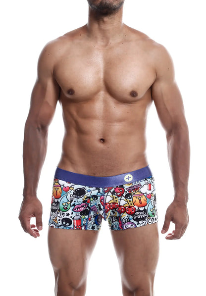 Malebasics trunk hipster comics vibrant cartoon-themed boxer briefs with white base and multicolored skull and cherry graphics