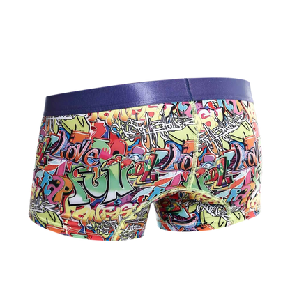 Malebasics trunk hipster comics boxer briefs with vibrant graffiti pattern and solid purple elastic waistband
