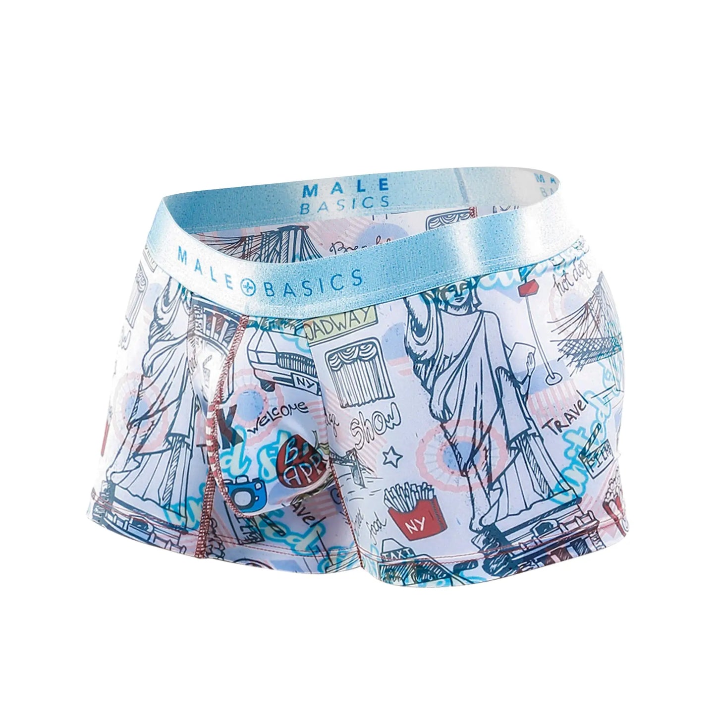 Light blue and white malebasics trunk hipster poker boxer briefs with playful new york city graphic design and illustrations
