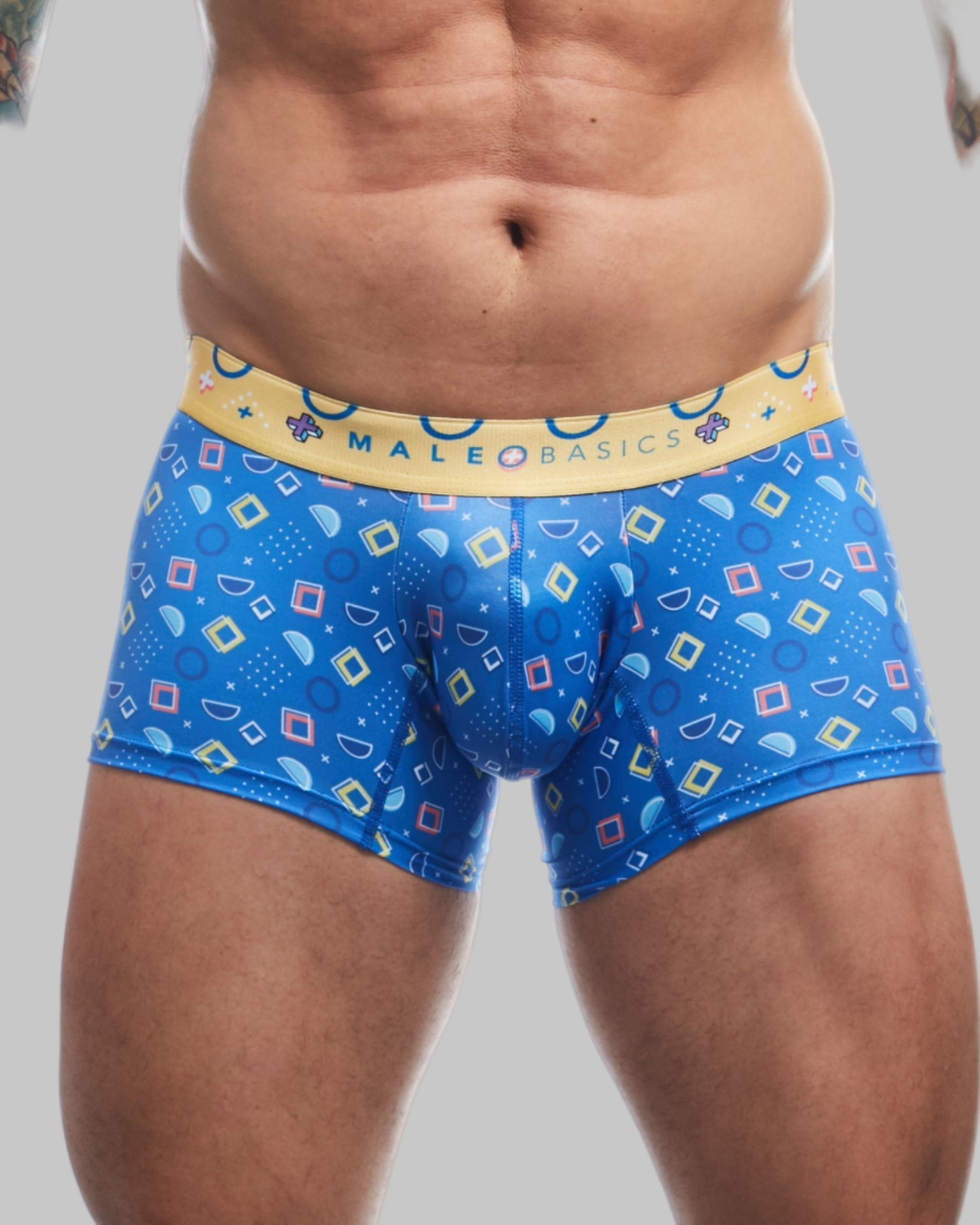 Malebasics trunk hipster spectrum blue patterned men’s boxer briefs with yellow waistband for comfortable everyday wear