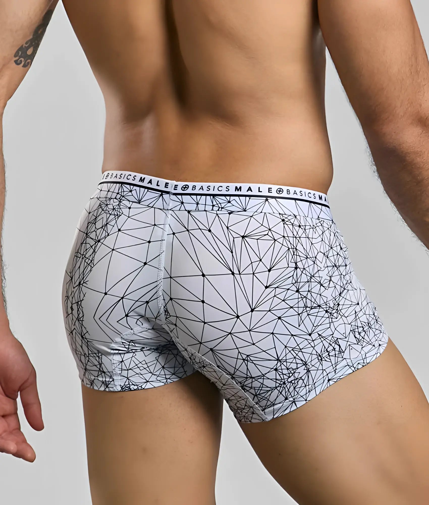 White malebasics trunk hipster spider boxer briefs with black geometric lines and a branded waistband