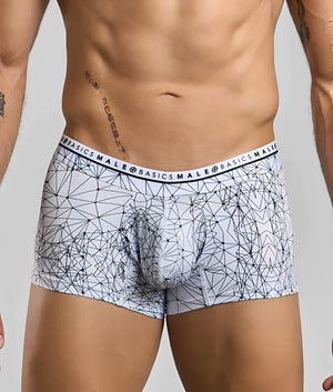 White male basics trunk hipster boxer briefs with black geometric line pattern and branded waistband for everyday wear