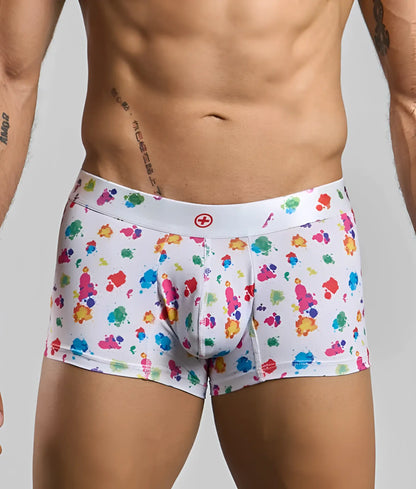 Malebasics trunk hipster white splash boxer briefs with vibrant multicolored paint splatter and red cross waistband