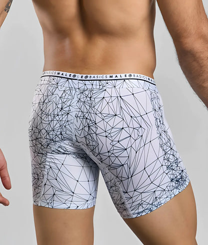 White malebasics new hipster boxer brief with black geometric line pattern and basics male branded waistband