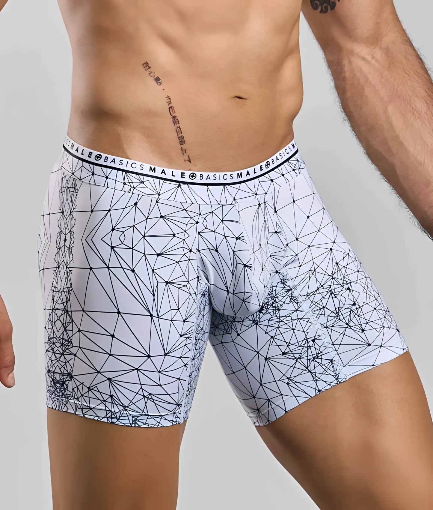 White men’s hipster boxer briefs by malebasics with dark blue geometric line pattern and basics male waistband branding