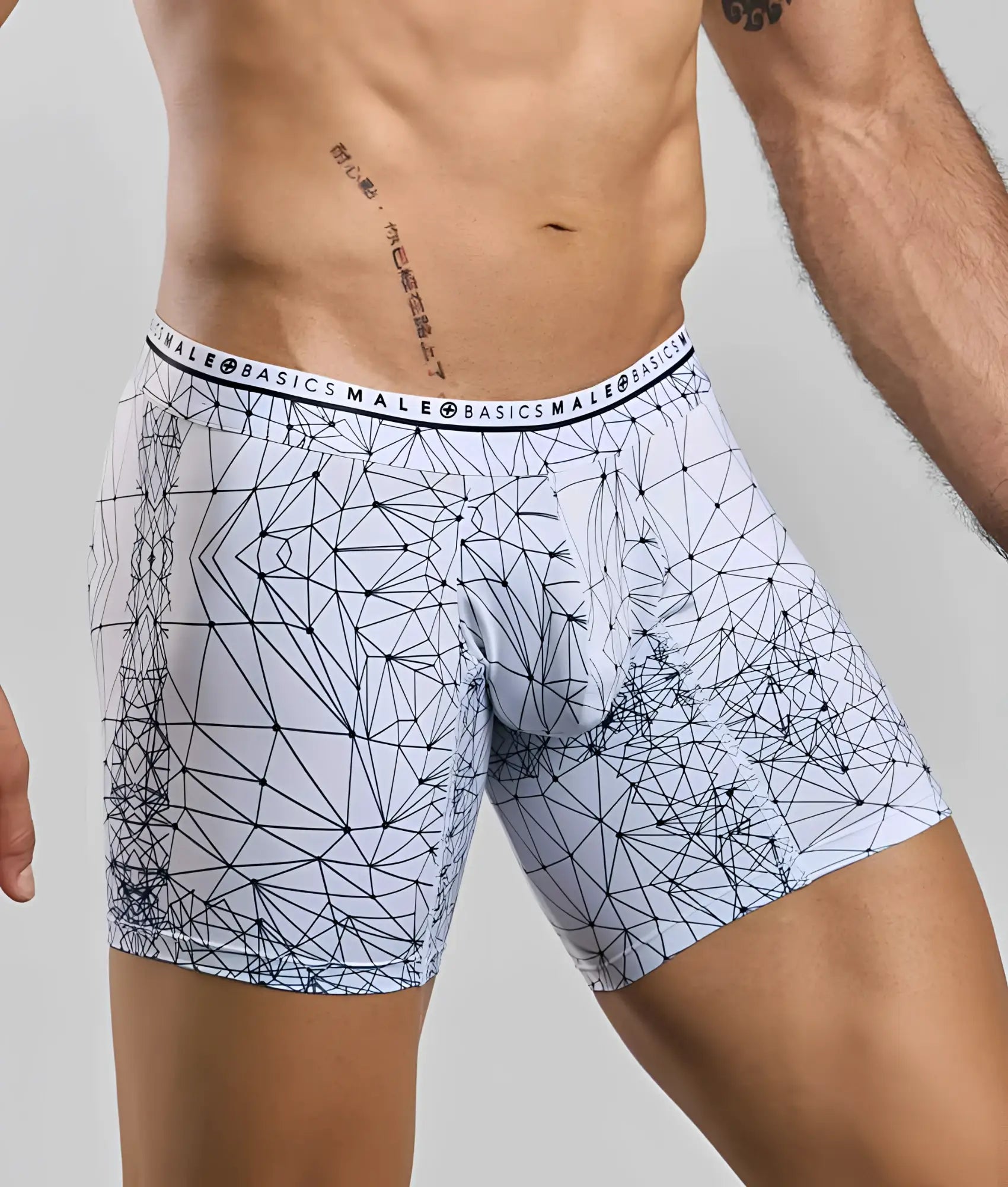 White men’s hipster boxer briefs by malebasics with dark blue geometric line pattern and basics male waistband branding