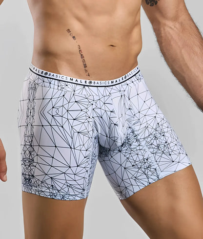 White men’s hipster boxer briefs by malebasics with dark blue geometric line pattern and basics male waistband branding