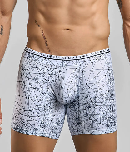 White malebasics hipster boxer briefs with black geometric lines and basics male branded waistband for men