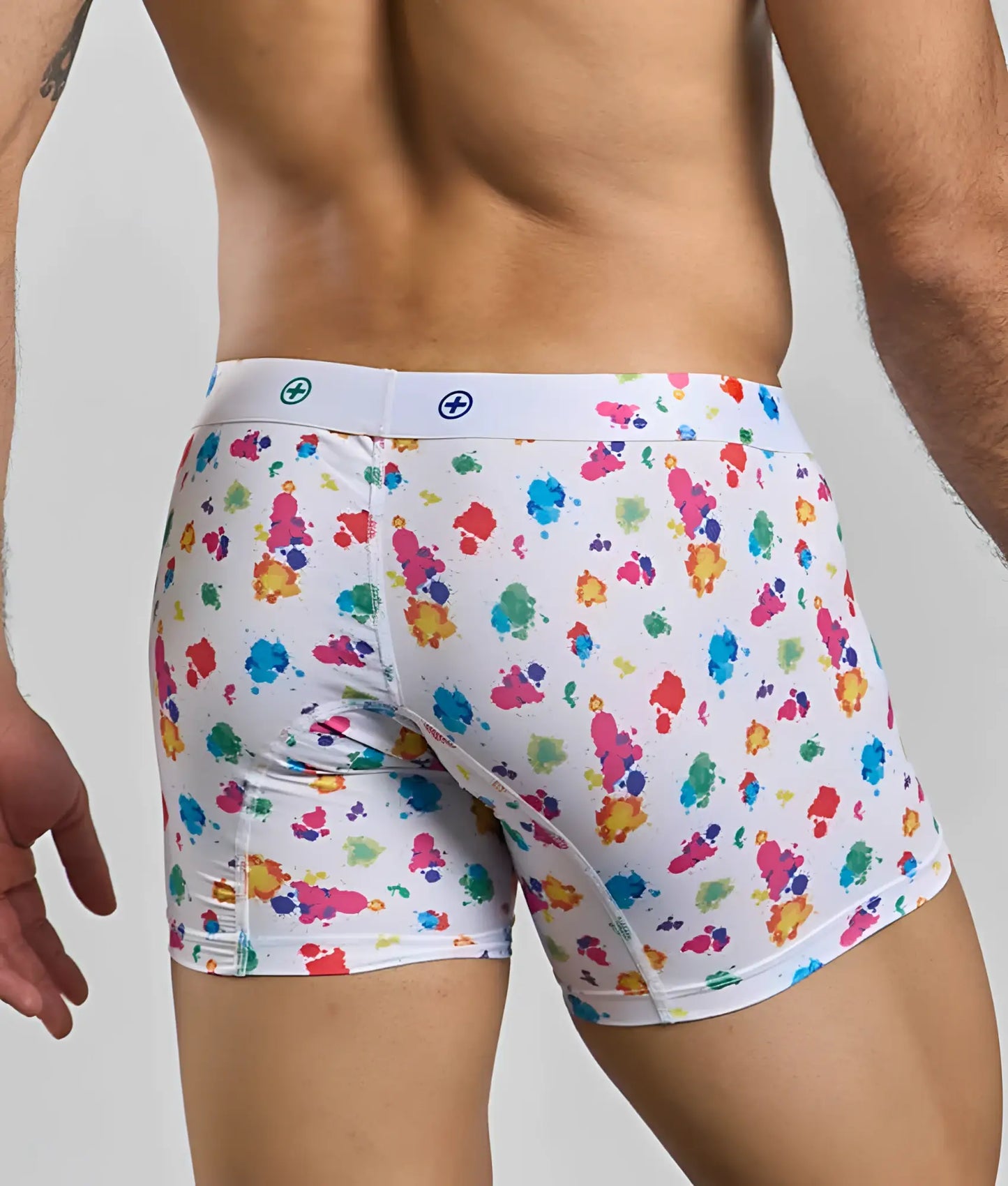 Malebasics white boxer briefs with vibrant multicolored paint splatter pattern for a bold hipster look
