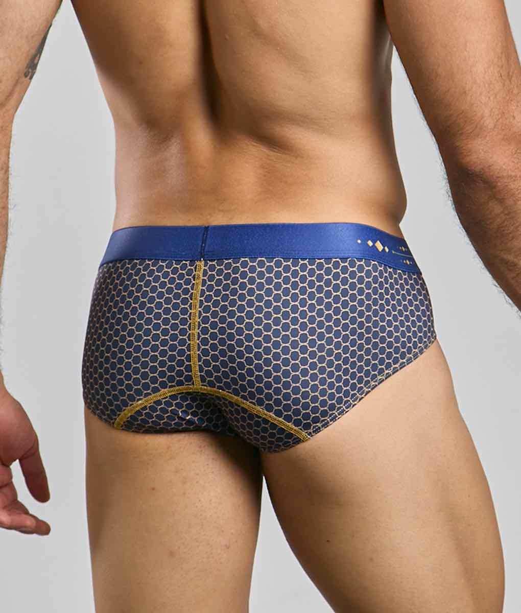 Malebasics hipster brief in blue and gray honeycomb pattern with yellow stitching for comfortable support