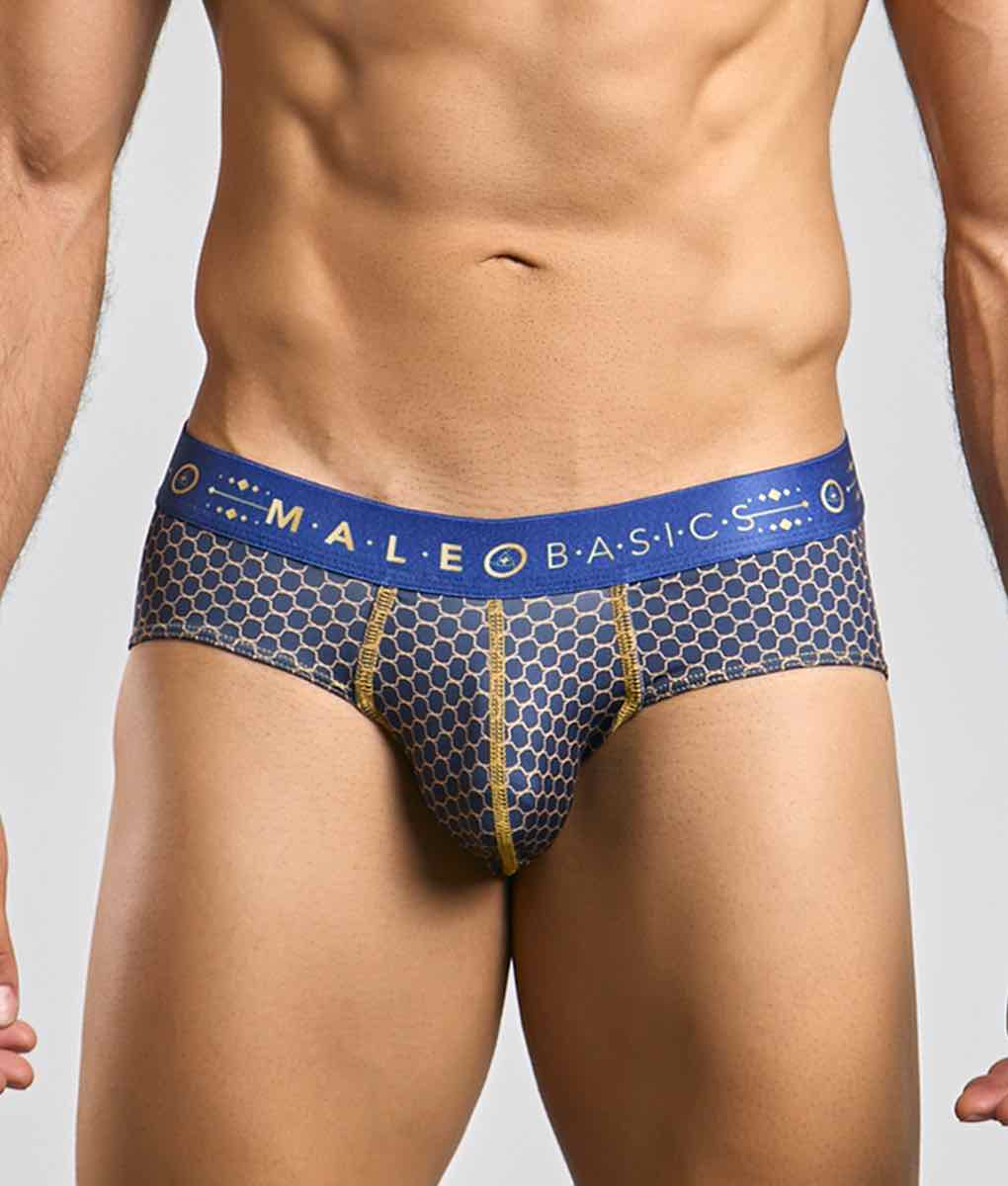 Malebasics hipster brief featuring blue and gold honeycomb pattern with branded elastic waistband for men