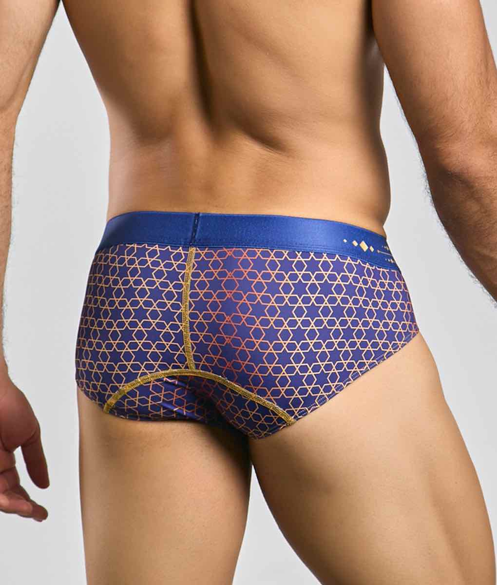 MaleBasics hipster brief in blue and gold geometric pattern with solid blue waistband for comfortable daily wear