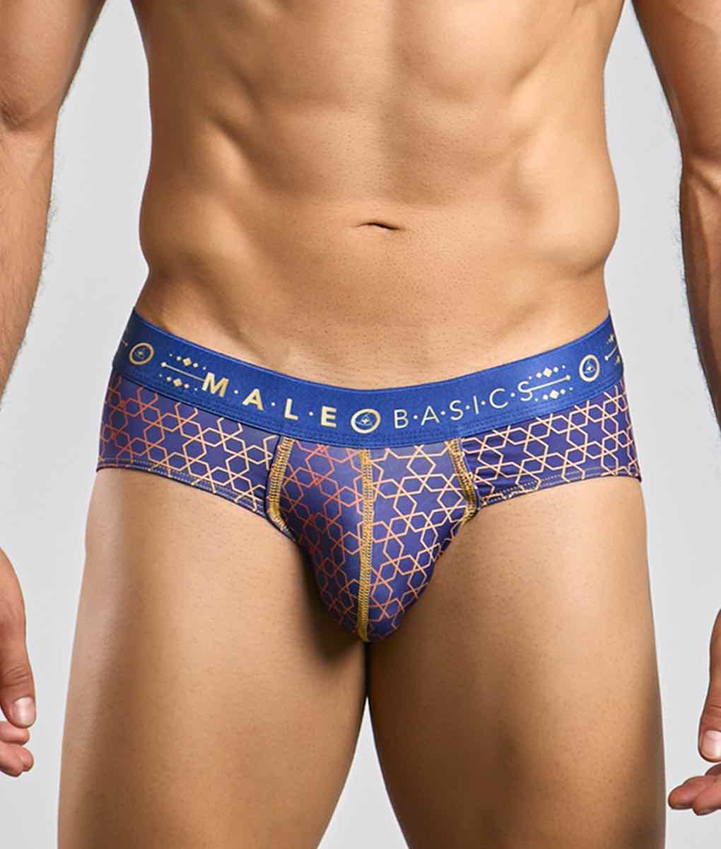 Malebasics hipster brief in blue and gold patterned fabric with a branded waistband for men