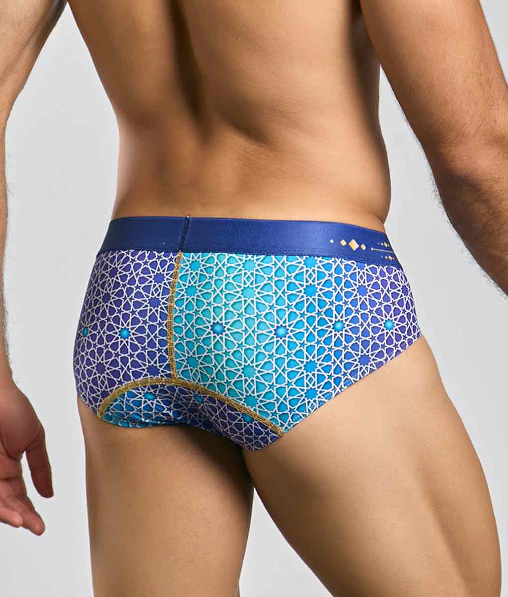MaleBasics hipster brief in blue and turquoise geometric pattern with gold trim designed for men’s comfort