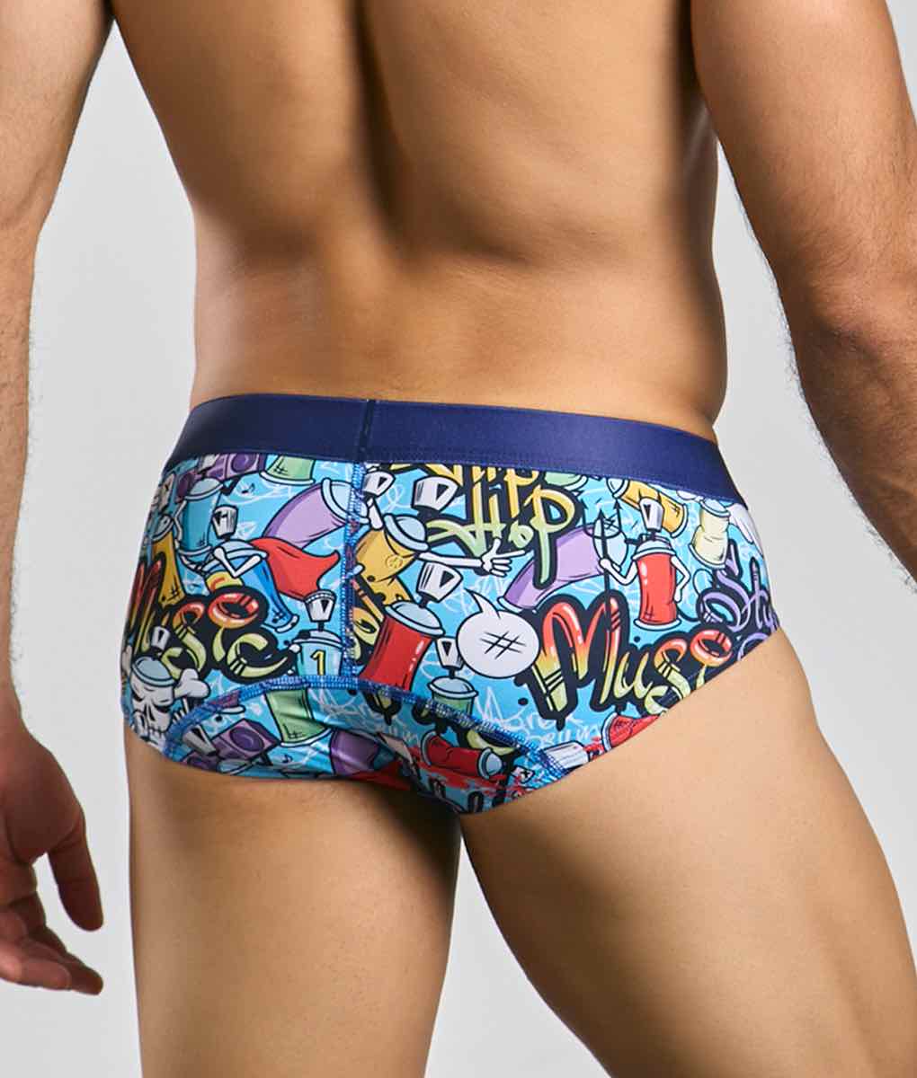 MaleBasics Hipster Brief blue and multicolored graffiti print men’s briefs with navy waistband for comfortable fit