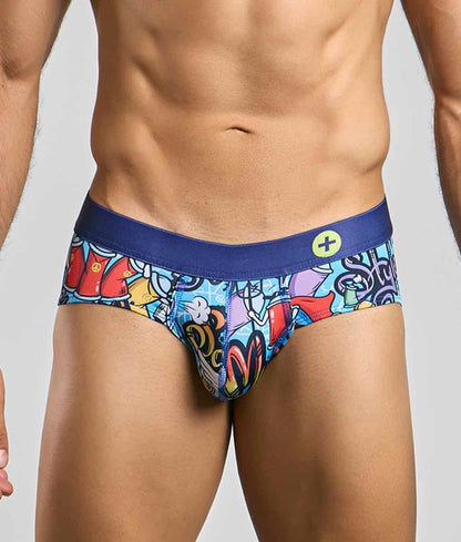 Malebasics hipster brief with vibrant graffiti print and navy blue waistband featuring a small yellow circular logo