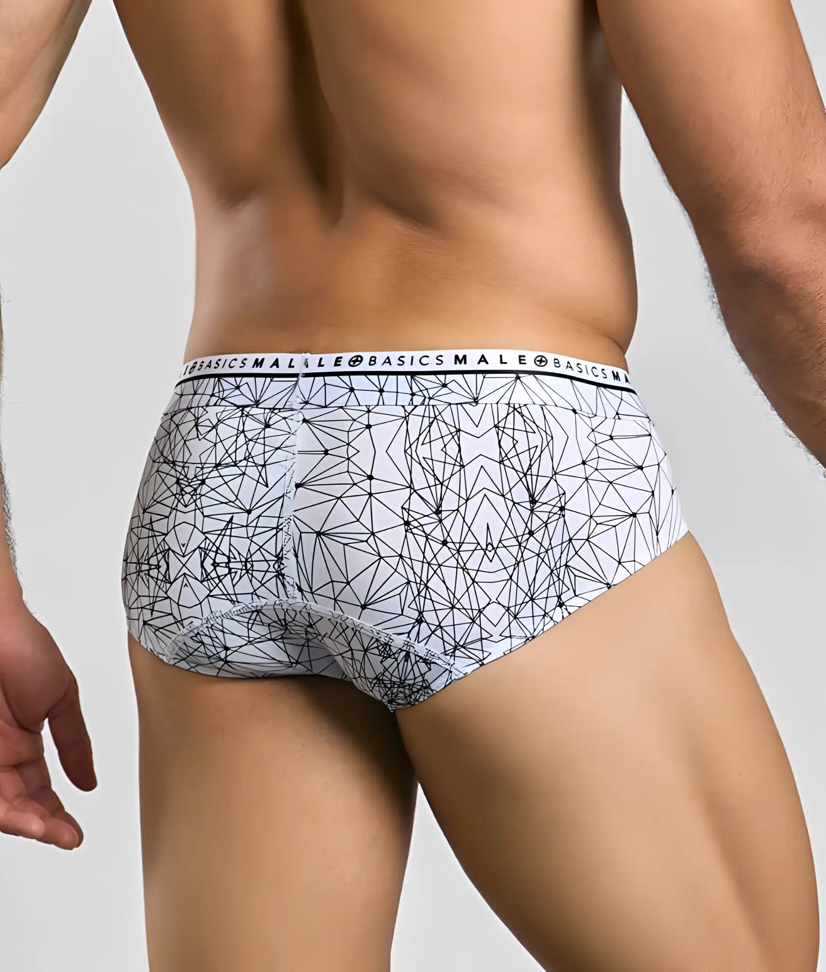 White malebasics new hipster brief spider with black geometric line pattern and branded waistband