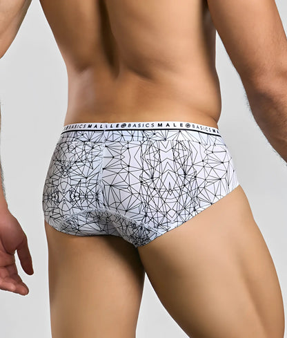 White malebasics new hipster brief spider with black geometric line pattern and branded waistband