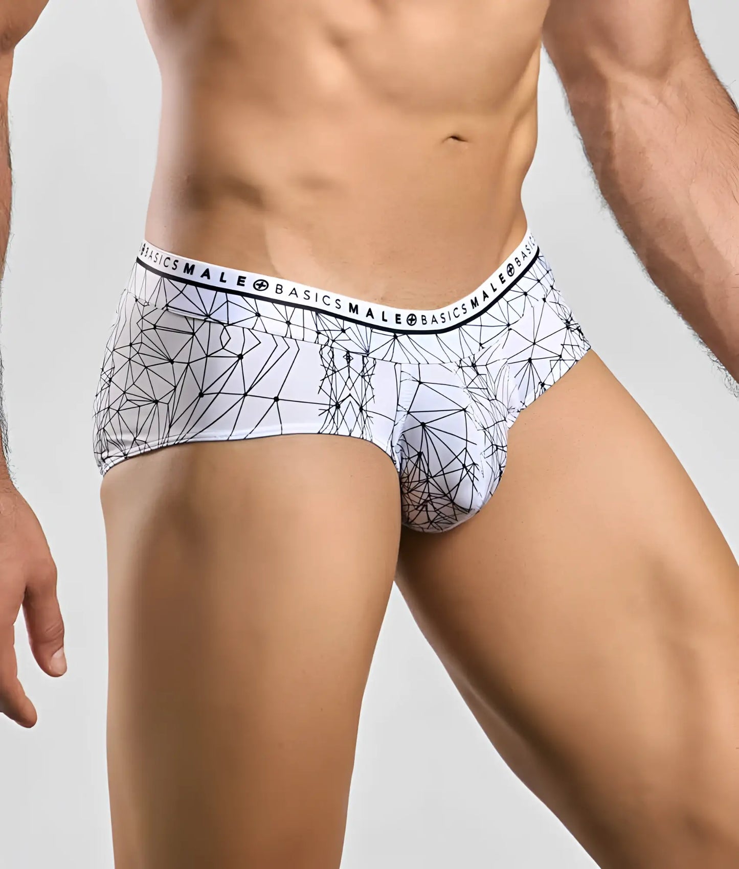 White malebasics new hipster brief with black geometric spider pattern and basics male branded waistband