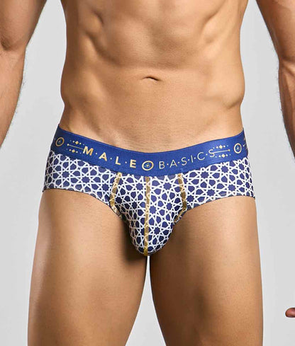 Malebasics hipster brief in blue and white patterned fabric with gold trim and a male basics waistband