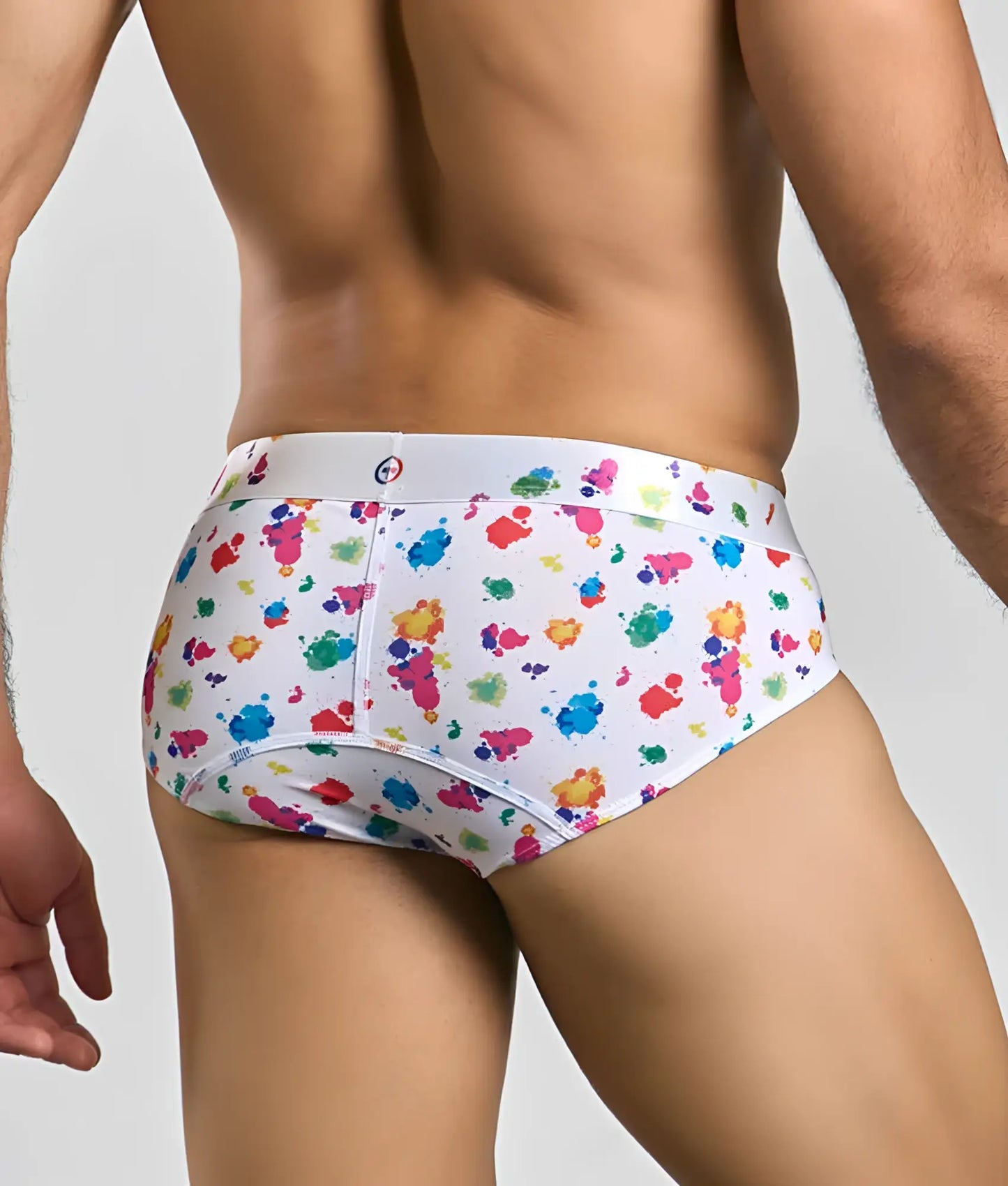 Malebasics new hipster brief white splash with vibrant multicolored paint splatter on white cotton fabric