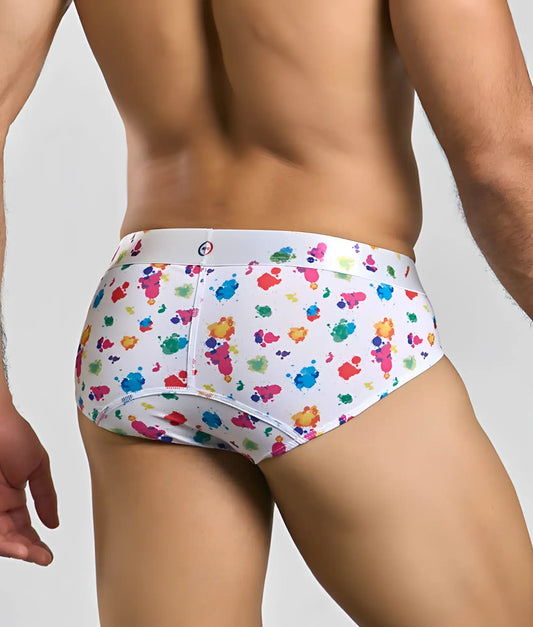 Malebasics new hipster brief white splash with vibrant multicolored paint splatter on white cotton fabric
