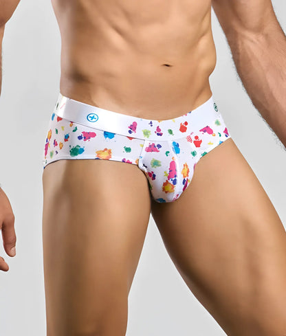 Malebasics new hipster brief white splash white cotton briefs with colorful playful paint splatter pattern