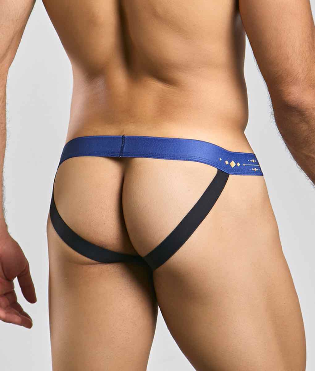 Malebasics hipster jockstrap in blue and black with gold diamond pattern waistband for athletic support