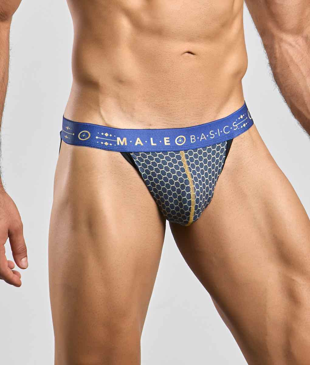 Malebasics hipster jockstrap blue and gold honeycomb patterned briefs with branded waistband in front view