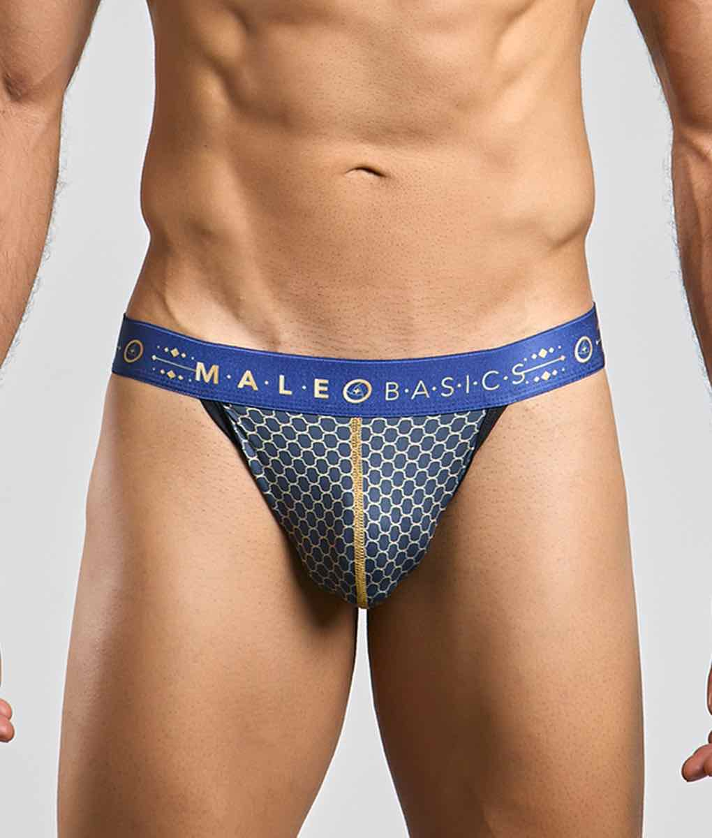 Malebasics hipster jockstrap blue and gold honeycomb patterned briefs with branded waistband front view