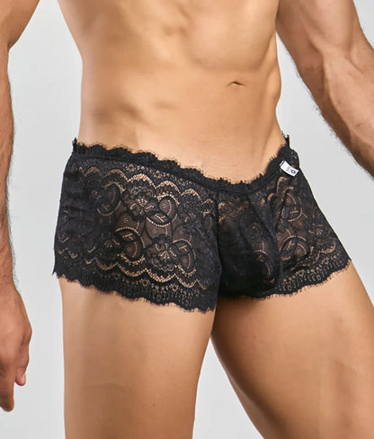 Black lace boxer shorts with intricate floral patterns and scalloped edges in a rose design for men