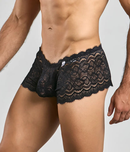 Black lace boxer shorts with intricate floral patterns and scalloped edges in a rose design for men