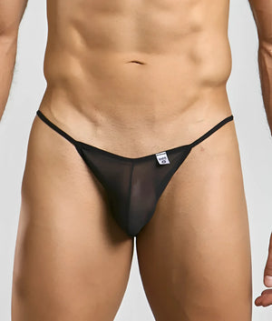 Black sheer mesh thong with thin elastic waistband and small white brand tag from mob men’s sheer bikini collection