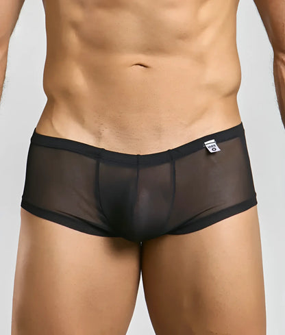 Black sheer mesh briefs with solid black waistband and trim from MOB men’s sexy sheer hip brief collection