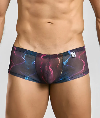 Mob men’s sexy sheer hip brief black mesh with vibrant neon pink blue and purple lightning bolt pattern