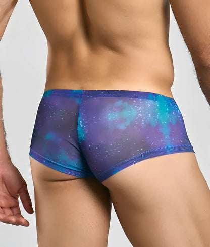 Mob men’s sexy sheer hip brief in blue and purple galaxy-patterned mesh fabric front view