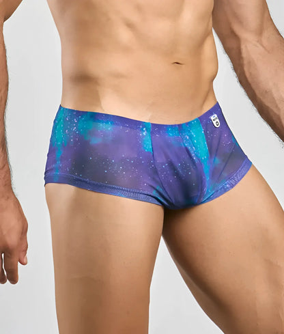 MOB men’s sexy sheer hip brief in purple and teal galaxy pattern with subtle mesh texture and breathable fabric