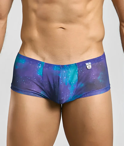 Mob men’s sexy sheer hip brief featuring purple and teal galaxy pattern with mesh trim in men’s briefs style