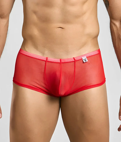 Mob men’s sexy sheer hip brief in red sheer mesh with solid waistband and small white brand tag visible