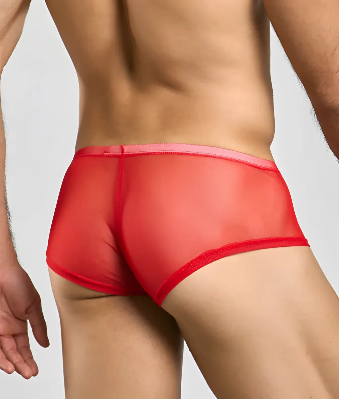 Mob men’s sexy sheer hip brief in red sheer mesh with a pink waistband showing the front side of the briefs