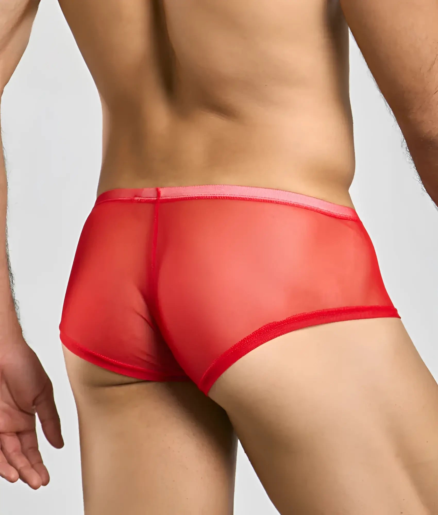Mob men’s sexy sheer hip brief in red sheer mesh with a pink waistband showing the front side of the briefs