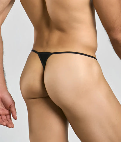 Black thong with thin smooth fabric waistband made of microfiber in mob mens sexy microstring design shown from back