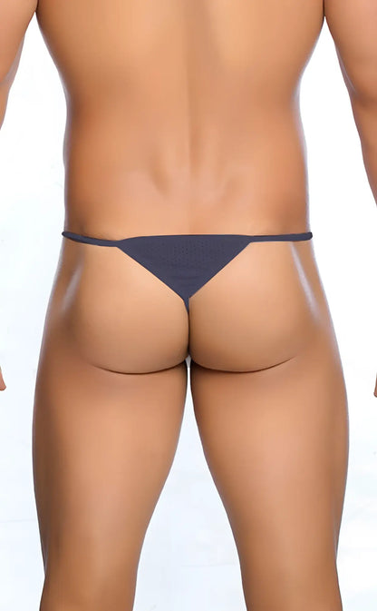 Dark gray minimalist microfiber g-string with thin straps and smooth fabric finish for men by mob shown from the back