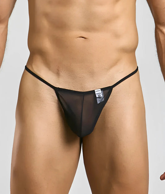 Mob men’s sheer t back thong black sheer mesh thong with thin elastic waistband shown from the back side