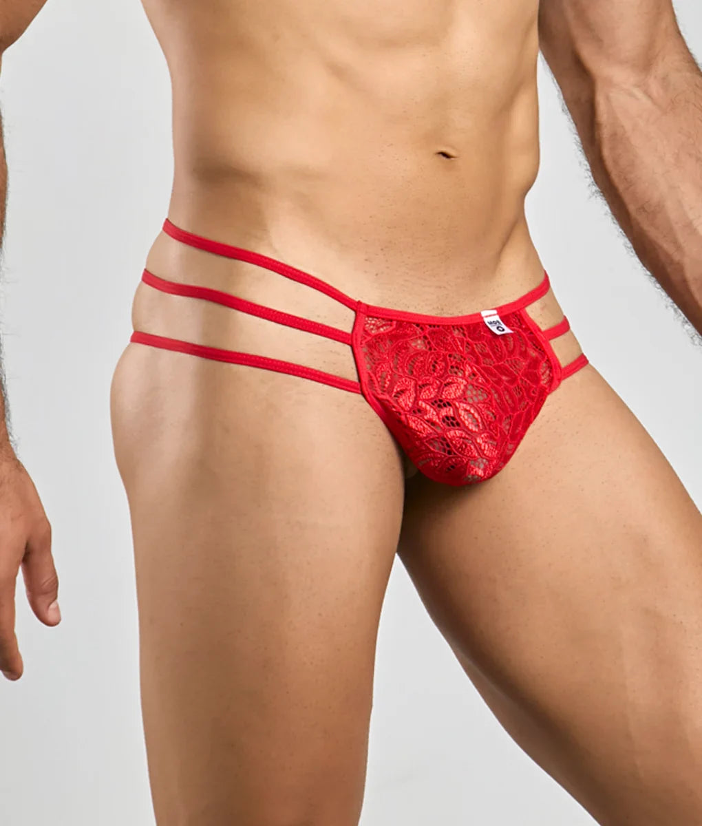 Red lace MOB men’s pouch thong with three horizontal straps and lace material for stylish comfort